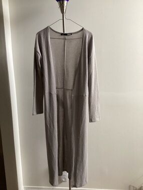 Long belted grey open cardigan